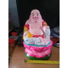 Tượng Phật Di Lặc 30cm ngồi toà sen hồng đất nung