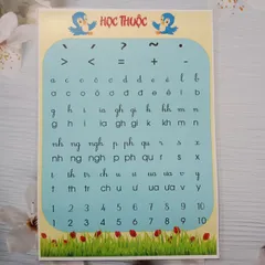 Bảng học thuộc chữ cái chữ ghép, số, dấu, kích thước A3. ép plastic. sẵn băng keo dán tường