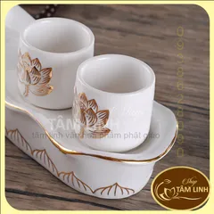 Bộ Án 5 ly Bạch Ngọc Sen Nổi Bằng Sứ Cao Cấp - Loại 1