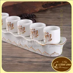 Bộ Án 5 ly Bạch Ngọc Sen Nổi Bằng Sứ Cao Cấp - Loại 1