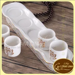 Bộ Án 5 ly Bạch Ngọc Sen Nổi Bằng Sứ Cao Cấp - Loại 1