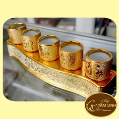 Chung Bộ 5 Ly Nước Thờ Cúng Kim Sa 8 cm