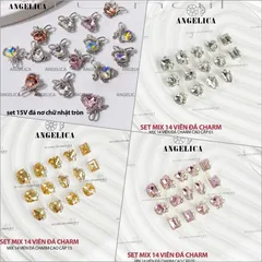 Set 14 viên đá khối mix charm nơ cao cấp Angelica đính trang trí móng siêu sáng đẹp