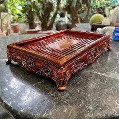 Khay trà tượng Phật cười màu nâu bóng phong cách truyền thống cho bàn trà phòng khách