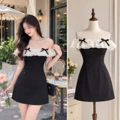(PASS) Đầm trễ vai đính nơ tiểu thư (<48kg)
