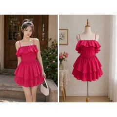 (PASS) Đầm trễ vai phối chân váy tầng (<45kg)