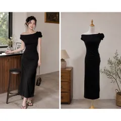(PASS) Đầm body TK nhún eo trễ vai đính hoa (<45kg)