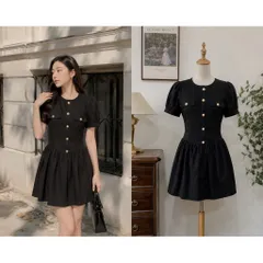 (NEW) Đầm tiểu thư phối cúc kim loại dáng xoè (<45kg)