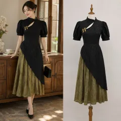 (PASS) Sườn xám cách tân phối vạt 2 màu cổ điển (<46kg)