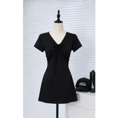 (NEW) Đầm thun gân cổ V phối dây rút ngực