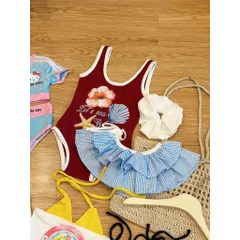 Set bikini bé gái, set 3ct: đồ bơi liền thân, váy quây voan tầng và dây buộc tóc cho bé 10-30kg