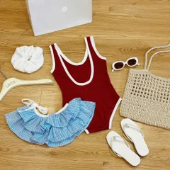 Set bikini bé gái, set 3ct: đồ bơi liền thân, váy quây voan tầng và dây buộc tóc cho bé 10-30kg