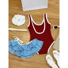 Set bikini bé gái, set 3ct: đồ bơi liền thân, váy quây voan tầng và dây buộc tóc cho bé 10-30kg