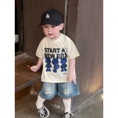 Quần áo bé trai, set áo cotton hoạ tiết chữ  “START A NEW ERA” kèm quần short Jean lửng cho bé 8-24kg