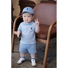 Hàng loại 1-  Quần áo bé trai, set áo polo kẻ xanh thêu ngựa quần short kaki TẶNG KÈM mũ cho bé 8-24kg