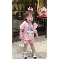 Đồ bộ cotton bé gái, set bộ quần áo cộc tay Hello Kitty mềm mát cho bé 9-26kg