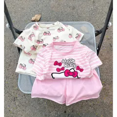Đồ bộ cotton bé gái, set bộ quần áo cộc tay Hello Kitty mềm mát cho bé 9-26kg