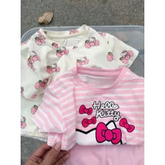 Đồ bộ cotton bé gái, set bộ quần áo cộc tay Hello Kitty mềm mát cho bé 9-26kg