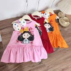 Váy bé gái, váy cotton sát nách cô gái kèm nơ nhồi bông cho bé 10-35kg