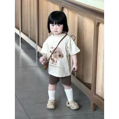 Đồ bộ cotton bé gái, set bộ áo cộc tay hoạ tiết chú chó lông xù lết hợp quần legging đùi cho bé 9-26kg