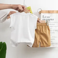 Bộ quần áo bé trai, set bộ áo cotton tay hến họa tiết thêu đắp chú Gấu quàng khăn kèm quần short siêu dễ thương cho bé