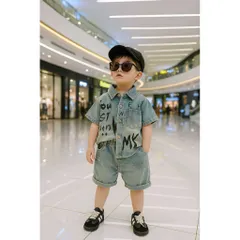 Quần áo bé trai, set bộ áo sơ mi Jean chữ kèm quần Short cho bé 10-30kg