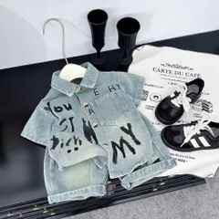 Quần áo bé trai, set bộ áo sơ mi Jean chữ kèm quần Short cho bé 10-30kg