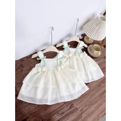 Váy bé gái, váy tơ ren 2 dây mềm mát gắn sticker cho bé 10-30kg