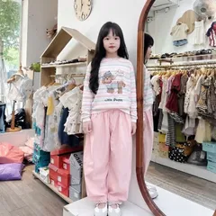 Quần áo thu đông bé gái, set bộ áo cotton giấy kẻ sọc kèm quần gió mềm dáng thụng thoải mái cho bé 15-37kg