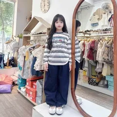 Quần áo thu đông bé gái, set bộ áo cotton giấy kẻ sọc kèm quần gió mềm dáng thụng thoải mái cho bé 15-37kg