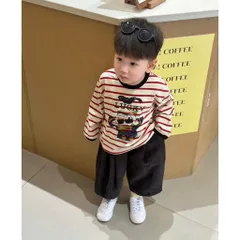 Set áo thun cotton dài tay LUCKY kẻ ngang + quần nhung gân ống rộng phong cách Hàn cho bé trai 7–24kg
