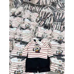 Set áo thun cotton dài tay LUCKY kẻ ngang + quần nhung gân ống rộng phong cách Hàn cho bé trai 7–24kg