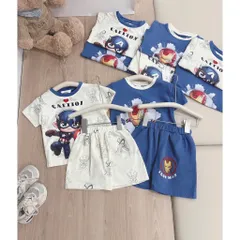 Quần áo bé trai, set bộ cộc tay chất cotton siêu nhân người sắt và đội trưởng Mỹ cho bé 9-26kg