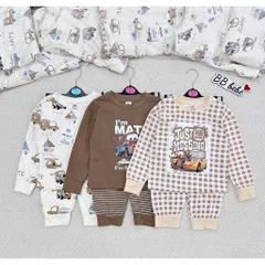 Quần áo thu đông bé trai, set bộ dài tay chất cottob hoan tiết hoạt hình Mate và xe kéo vui nhộn cho bé 8-27kg