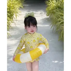 Bikini cho bé gái, set đồ bơi liền thân dài tay hoạ tiết hoa và gà con chất su dày dặn cho bé 9-26kg