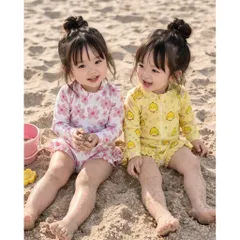 Bikini cho bé gái, set đồ bơi liền thân dài tay hoạ tiết hoa và gà con chất su dày dặn cho bé 9-26kg