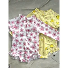 Bikini cho bé gái, set đồ bơi liền thân dài tay hoạ tiết hoa và gà con chất su dày dặn cho bé 9-26kg