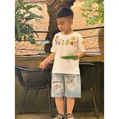 Quần đùi bé trai, quần short jean thêu đắp hình cún dễ thương cho bé size 10-35kg