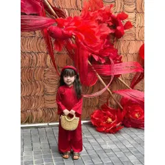 Áo dài cách tân cho bé gái, set 3 ct áo dài cách tân gấm lụa 2 da hoa cúc cho bé size 9-27kg