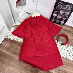 Áo dài cách tân cho bé gái, set 3 ct áo dài cách tân gấm lụa 2 da hoa cúc cho bé size 9-27kg