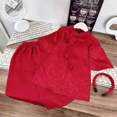 Áo dài cách tân cho bé gái, set 3 ct áo dài cách tân gấm lụa 2 da hoa cúc cho bé size 9-27kg