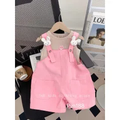 Quần yếm bé gái, set quần yếm kaki tai thỏ kèm áo cotton ba lỗ dễ thương cho bé