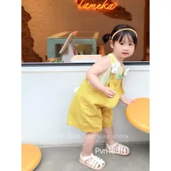 Quần yếm bé gái, set quần yếm kaki tai thỏ kèm áo cotton ba lỗ dễ thương cho bé