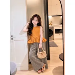 Quần áo bé gái, set áo sát nách nấu cam dáng xoè quần suông kẻ sọc cho bé 10-30kg