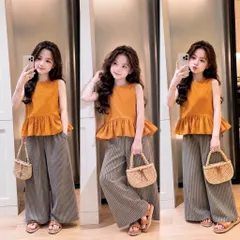 Quần áo bé gái, set áo sát nách nấu cam dáng xoè quần suông kẻ sọc cho bé 10-30kg