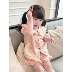 Bộ đồ ngủ bé gái, Pijama tiểu thư chất đũi lụa mềm mát tone màu hồng Pastel cho bé 9-26kg