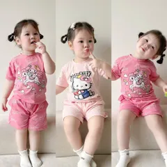 Quần áo bé gái, set bộ cộc tay cotton hoạ tiết Hello Kitty và Barbie cho bé 9-26kg