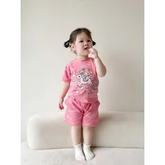 Quần áo bé gái, set bộ cộc tay cotton hoạ tiết Hello Kitty và Barbie cho bé 9-26kg