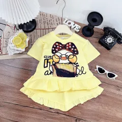 Đồ bộ bé gái cộc tay, set bộ quần áo cộc tay cotton viền bèo hoạ tiết chú vịt cho bé 13-40kg