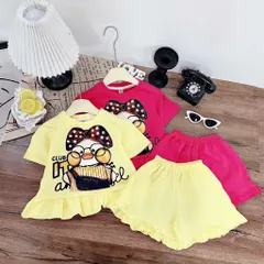 Đồ bộ bé gái cộc tay, set bộ quần áo cộc tay cotton viền bèo hoạ tiết chú vịt cho bé 13-40kg